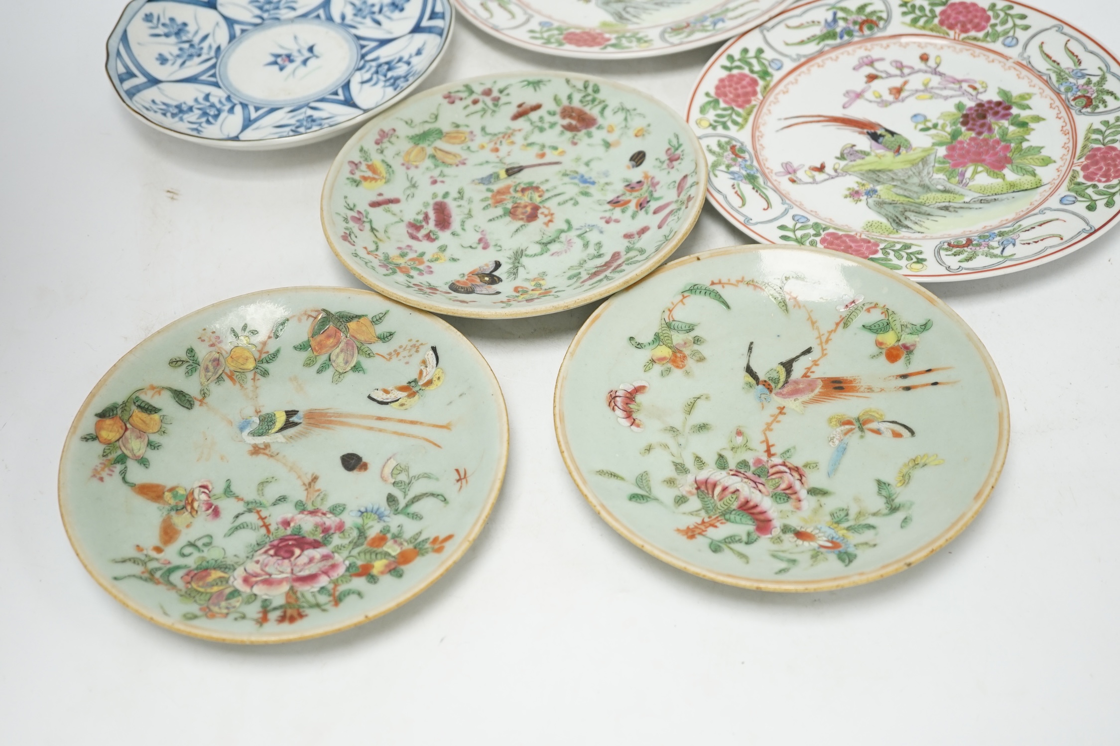 Six various Chinese plates including three 19th century celadon ground plates, largest 23cm diameter. Condition - fair